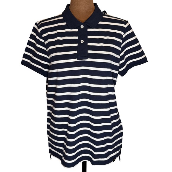 Piombo Tops - Piombo Navy White Striped Polo‎ Shirt Women's Large Cotton Short Sleeve NWT Top